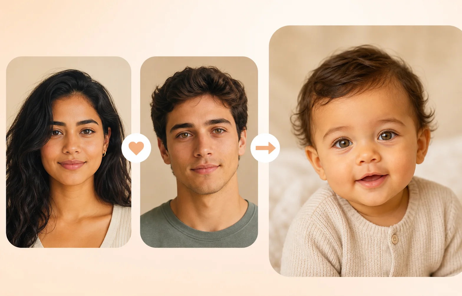 KI-Baby-Generator-Beispiel, das zwei fiktive Elternporträts zu einem fiktiven zukünftigen Babyporträt kombiniert