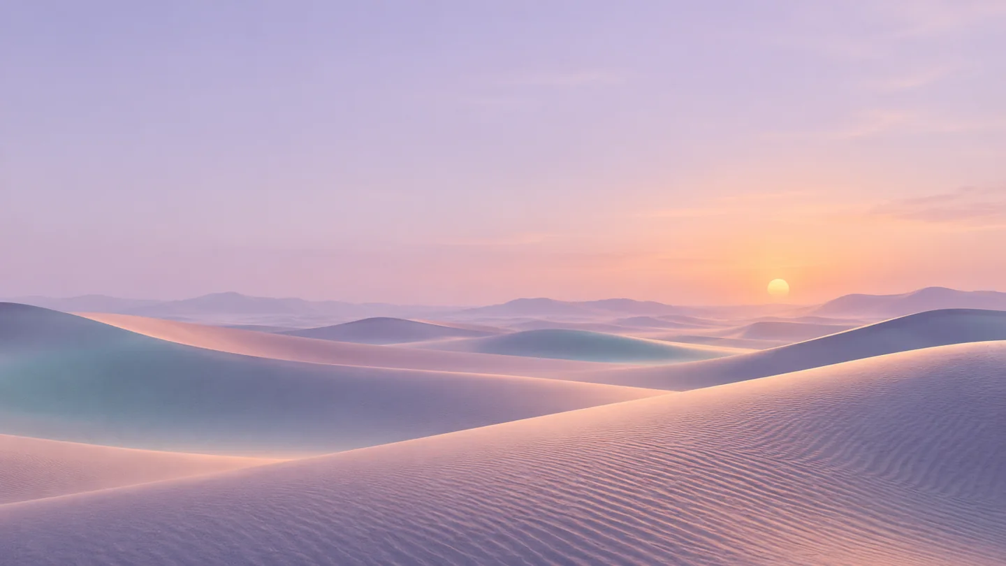 AI Background Generator 粉彩沙漠背景，薰衣草色沙丘、蜜桃色光線，地平線附近有一輪暖陽