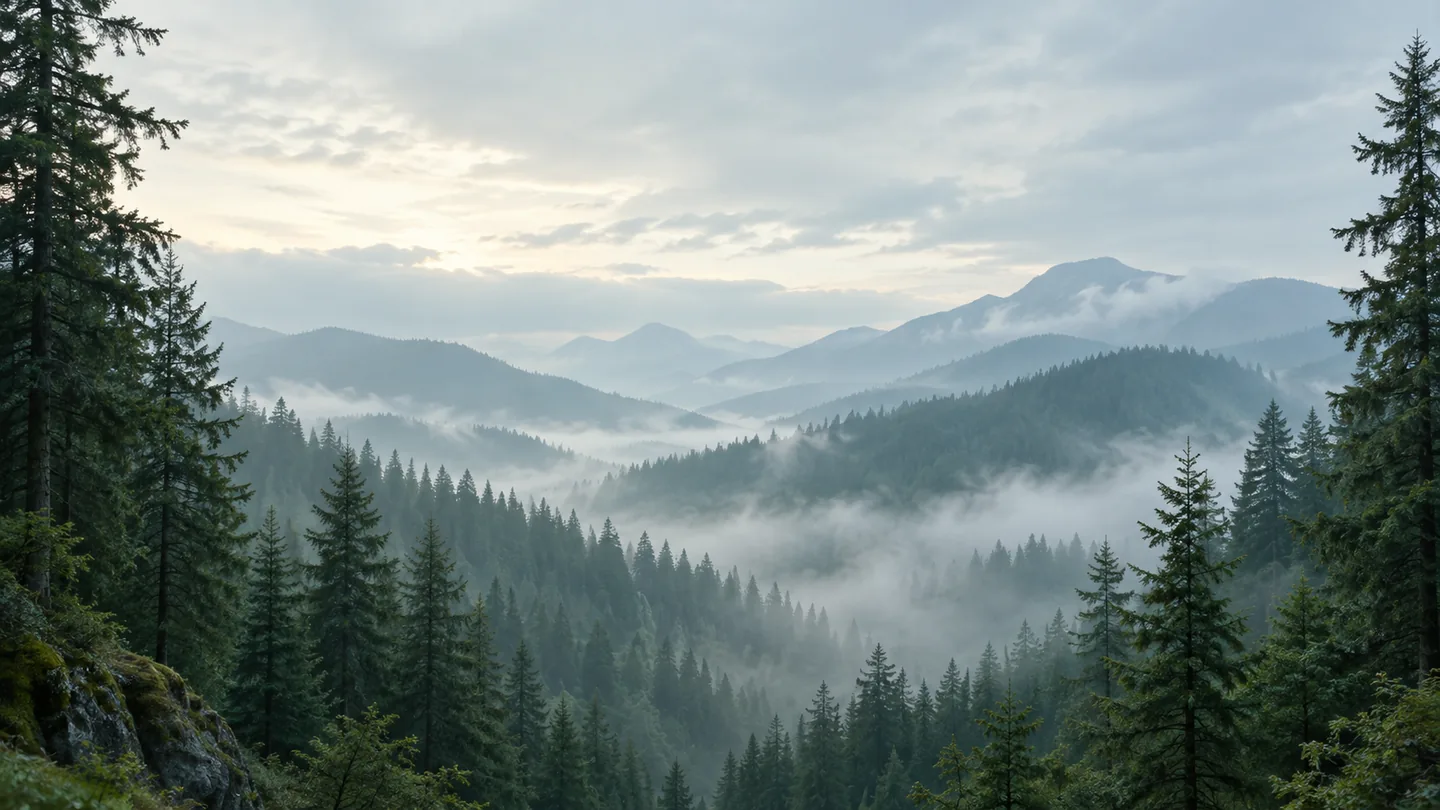 AI Background Generator 霧氣藍綠色森林，層疊常綠山脊線與清澈淡色天空