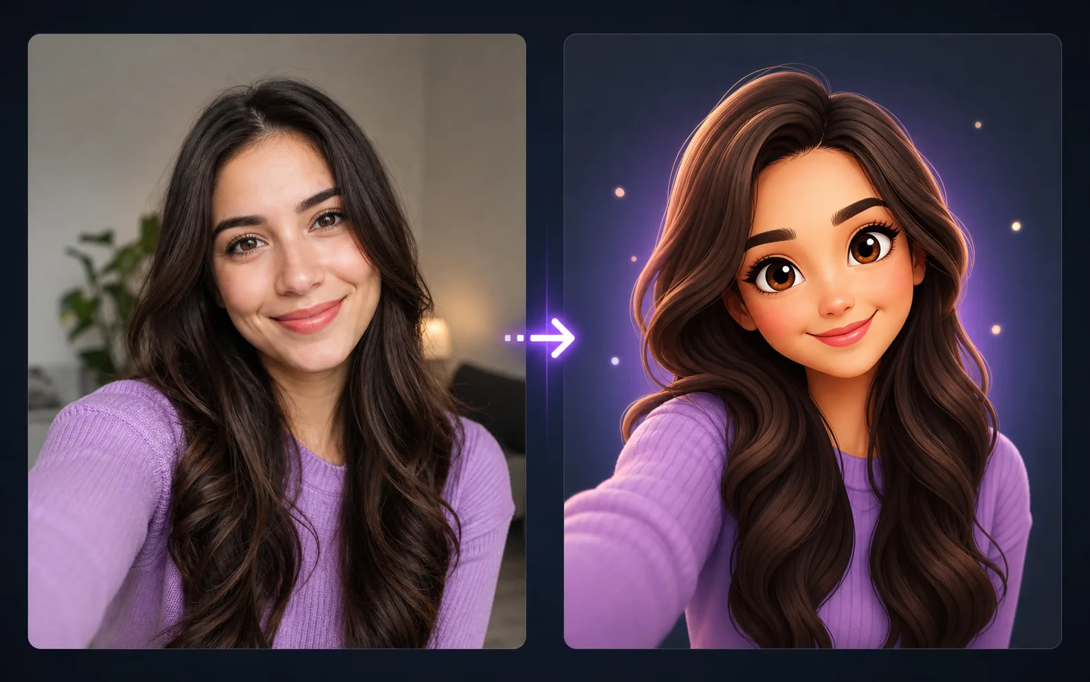 AI Cartoon Generator before and after preview turning a realistic selfie into a matching cartoon avatar