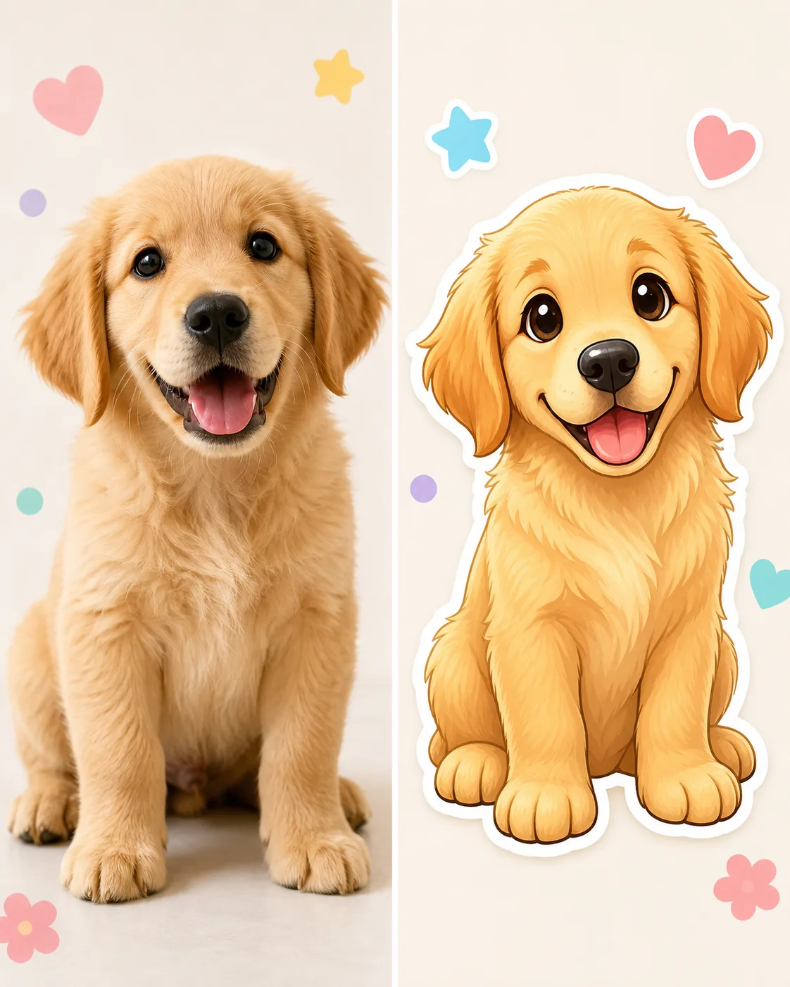 AI Cartoon Generator pet cartoon sticker example preserving a puppy's color and expression