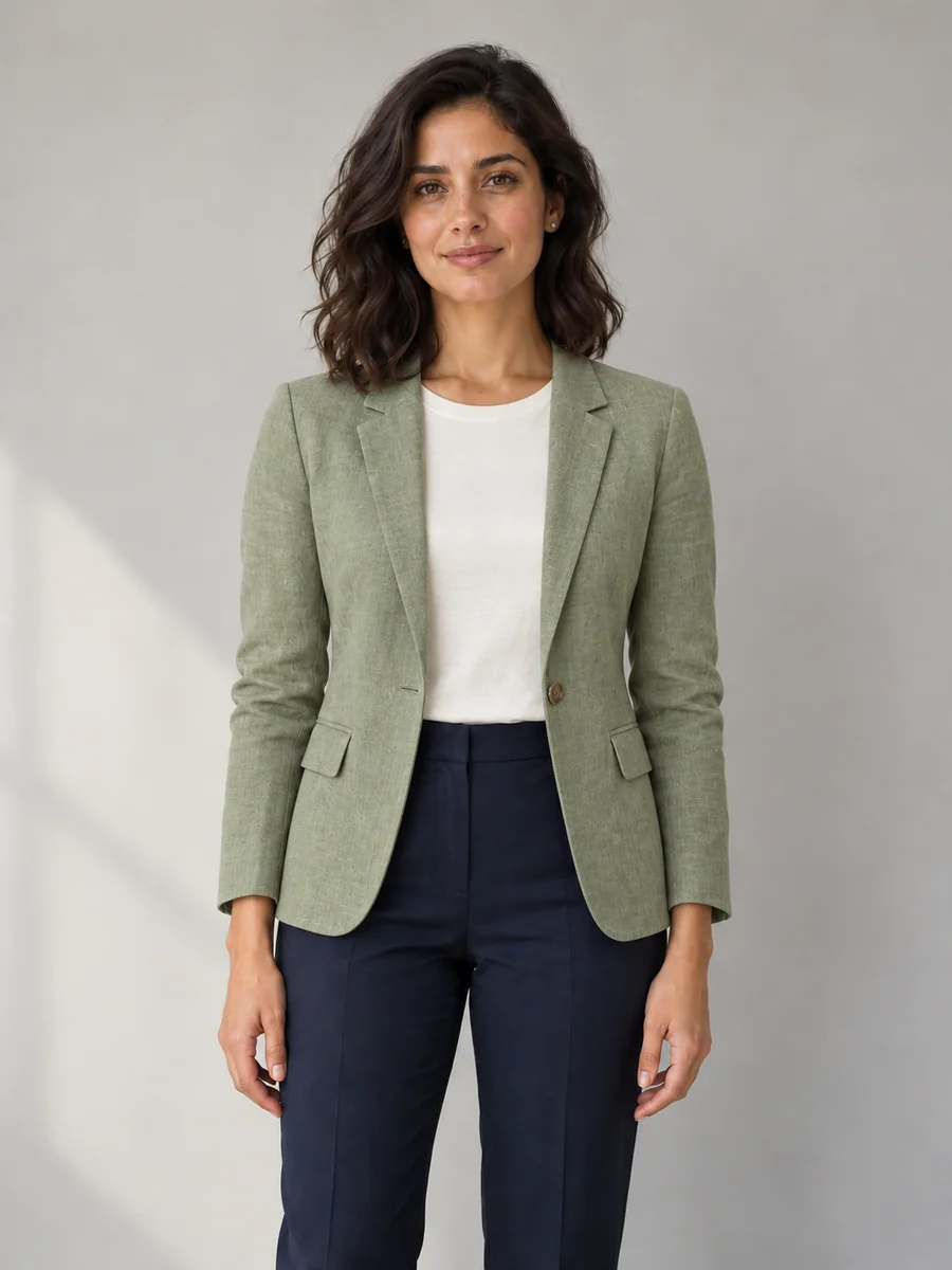 AI Clothes Changer illustration: the same woman in a sage linen blazer, with the pose and gray backdrop retained