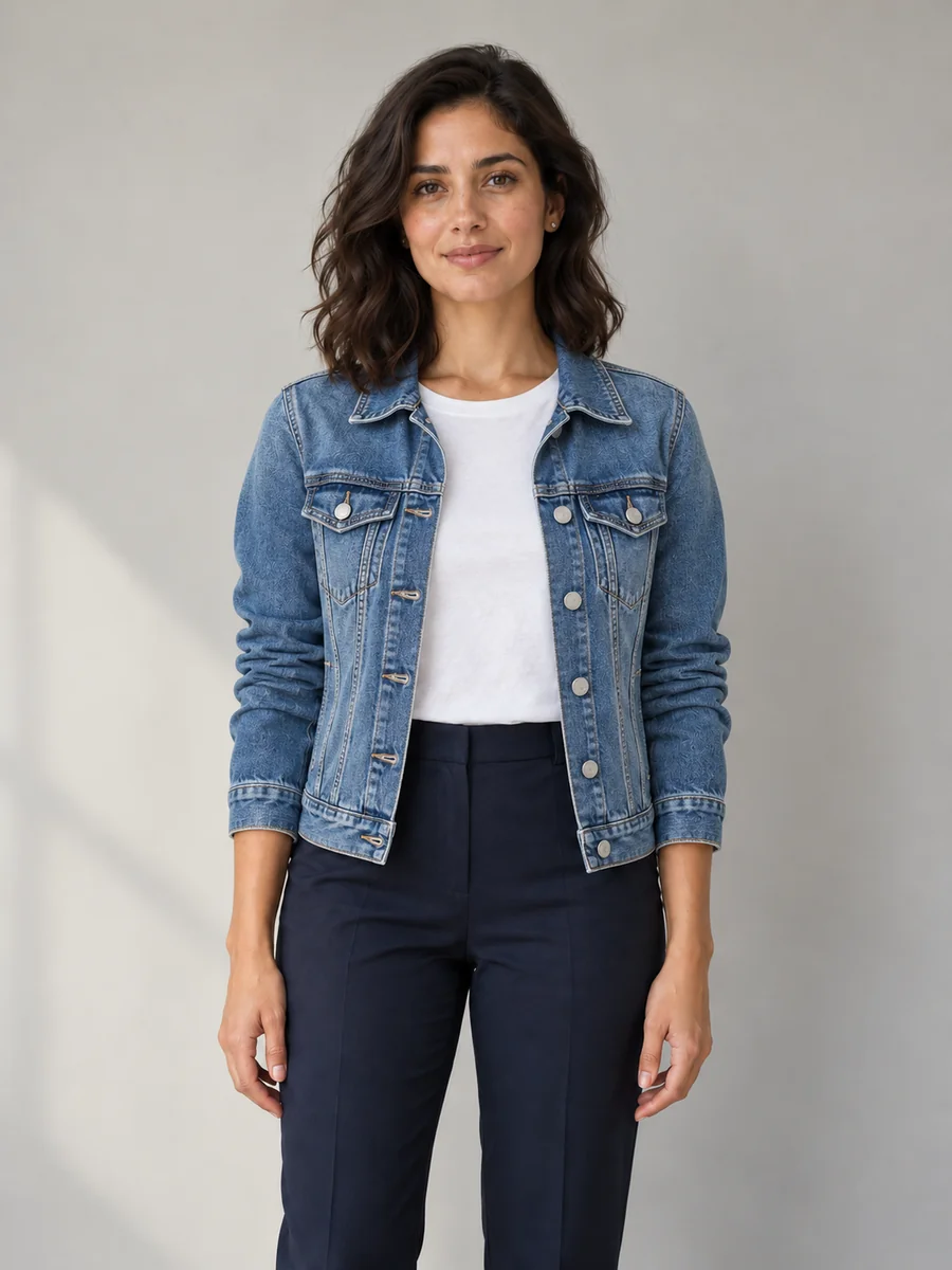 AI Clothes Changer denim illustration: the same woman wearing a blue jacket over her white t-shirt