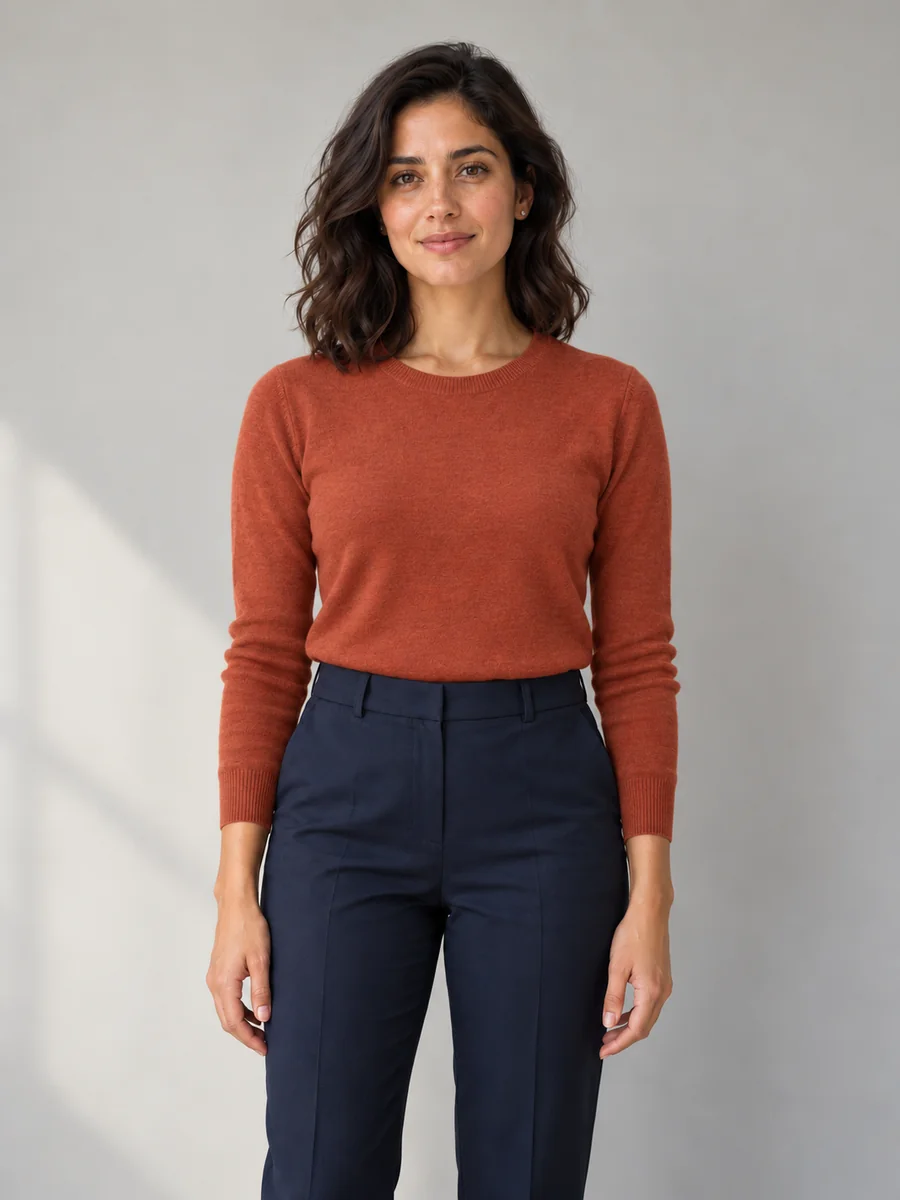AI Clothes Changer knitwear illustration: a terracotta sweater replaces the white t-shirt on the same woman