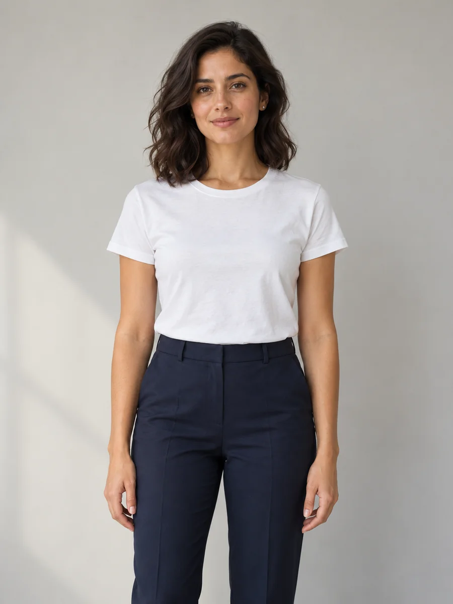 AI Clothes Changer original: fictional adult woman wearing a white t-shirt and navy trousers