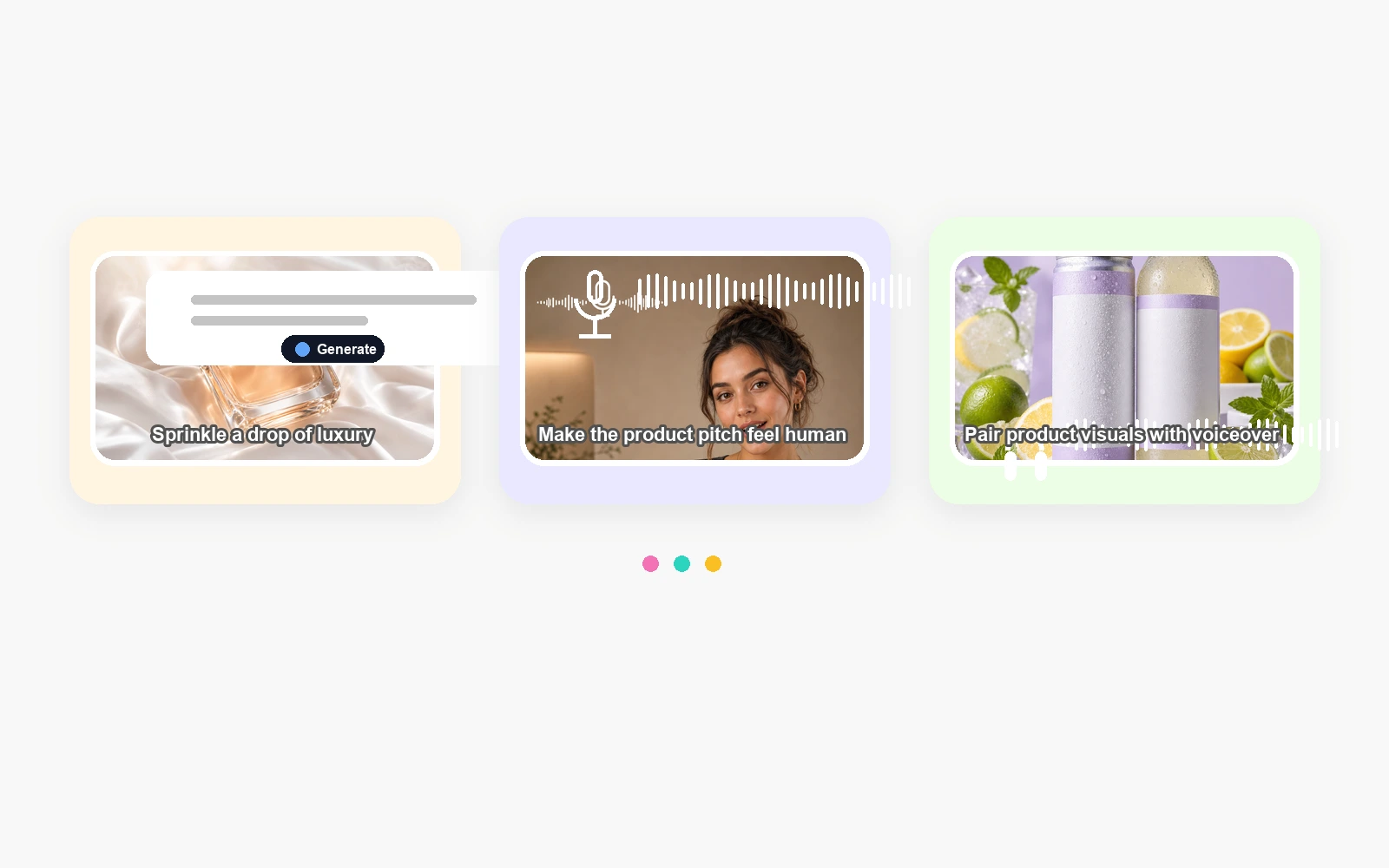 Vorschau des KI-Werbeanzeigen-Generators mit professionellen Produktanzeigenbildern, Beschriftungen, Voiceover-Overlays und E-Commerce-Werberahmung