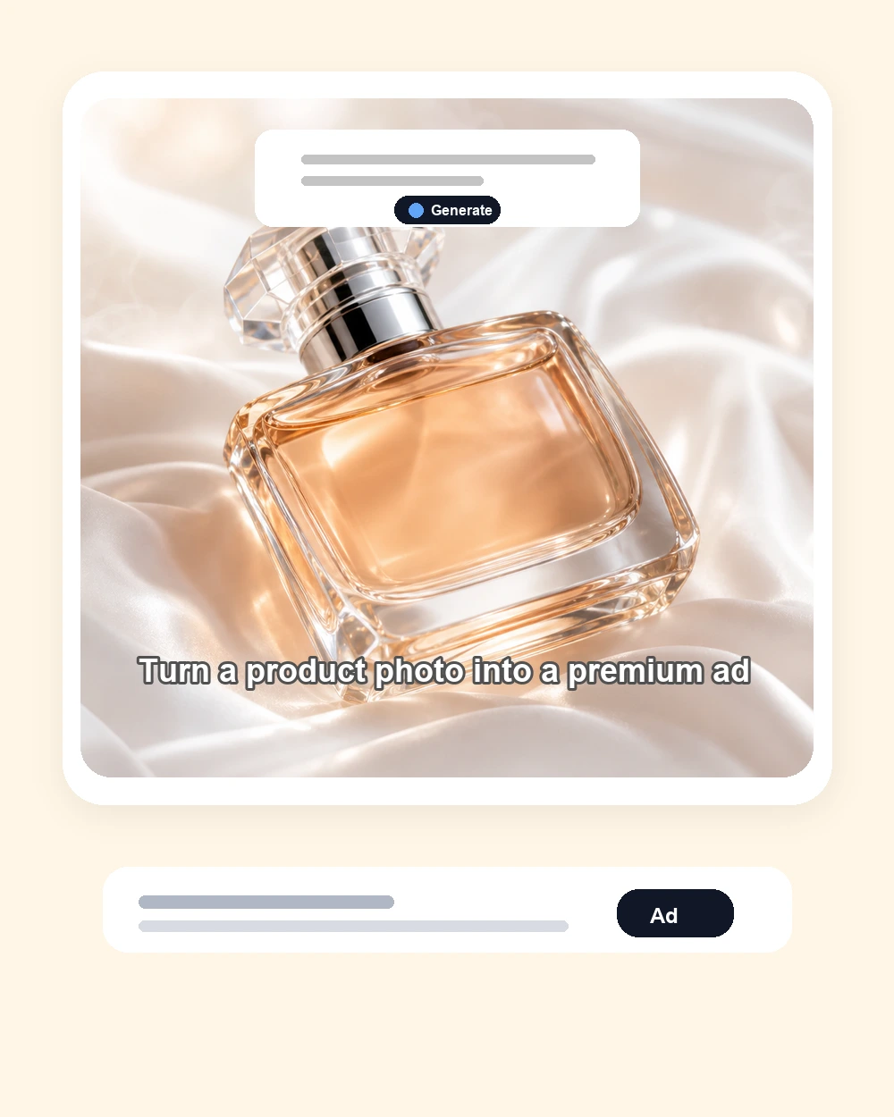 Beispiel einer Produkt-Hero-Anzeige des KI-Werbeanzeigen-Generators mit einem Premium-Parfüm-Werbevisual und Generierungs-Overlay