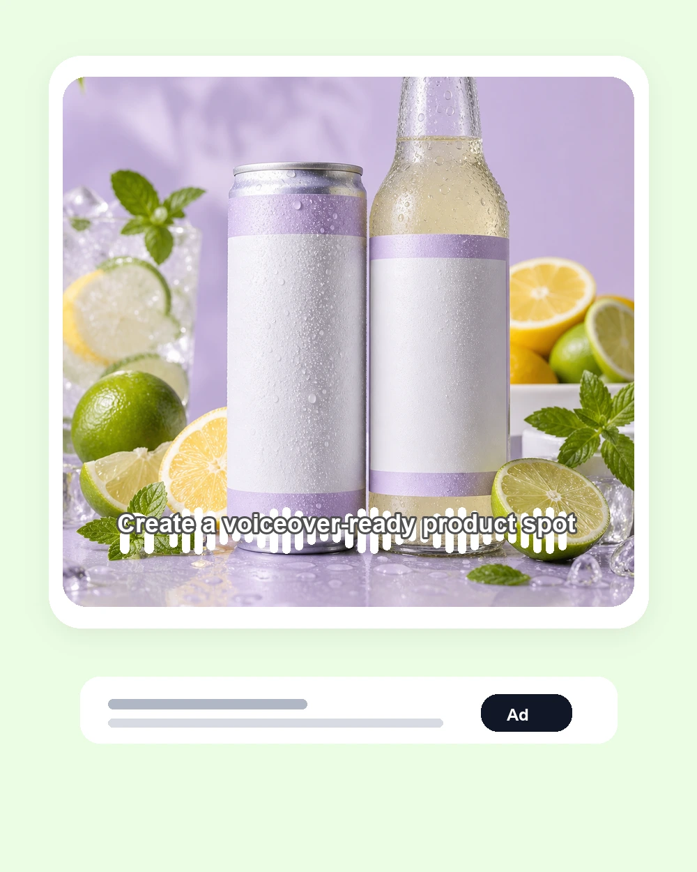 Beispiel einer Voiceover-bereiten Produktanzeige des KI-Werbeanzeigen-Generators mit Getränkeverpackung, Zitrusstyling und Beschriftungs-Overlay