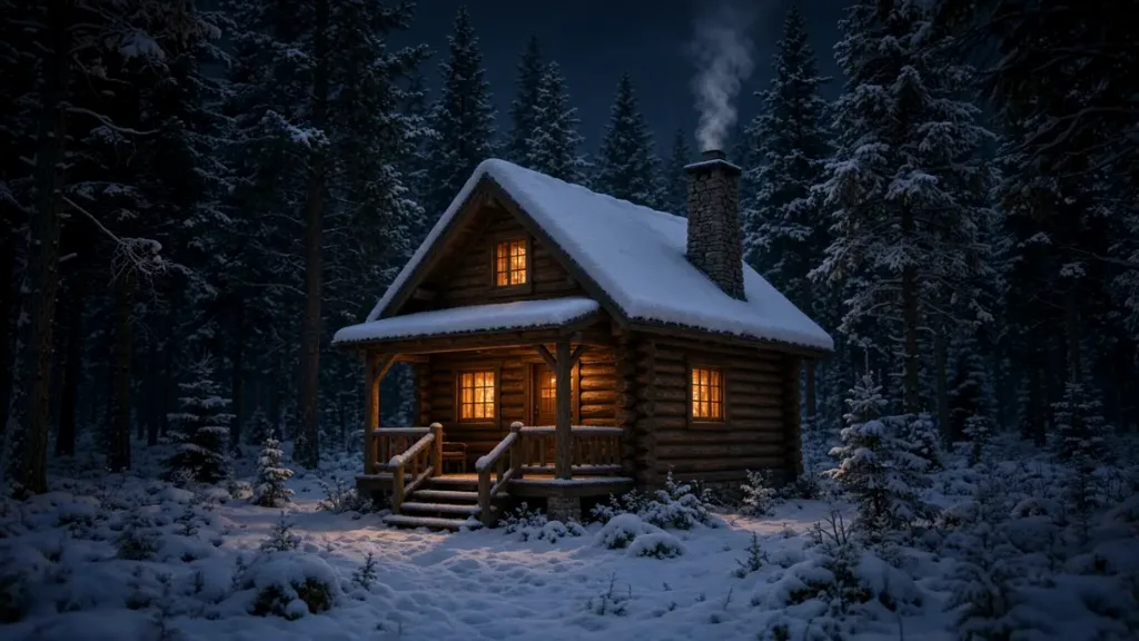 AI Image Expander example after expansion showing a wider snowy forest around the original cabin