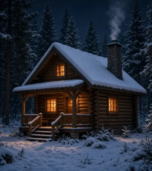 AI Image Expander example before expansion showing a tightly framed cabin in the snow