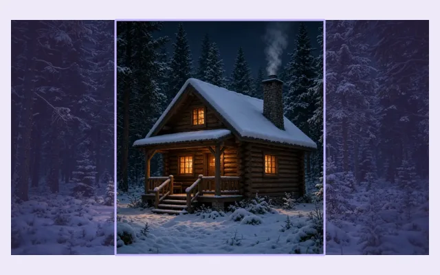 AI Image Expander wide banner result with extra snowy forest beside the cabin