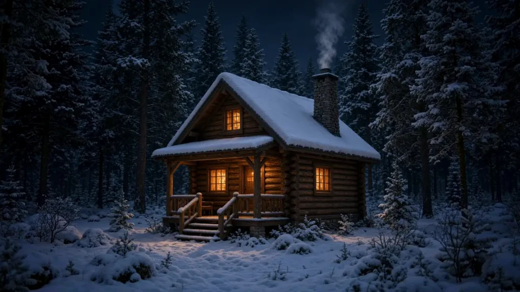 AI Image Expander proof result with generated snowy trees extending both sides of the square cabin image