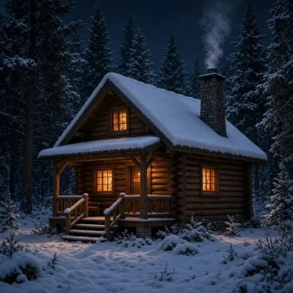 AI Image Expander source image of a lit wooden cabin surrounded by snowy trees