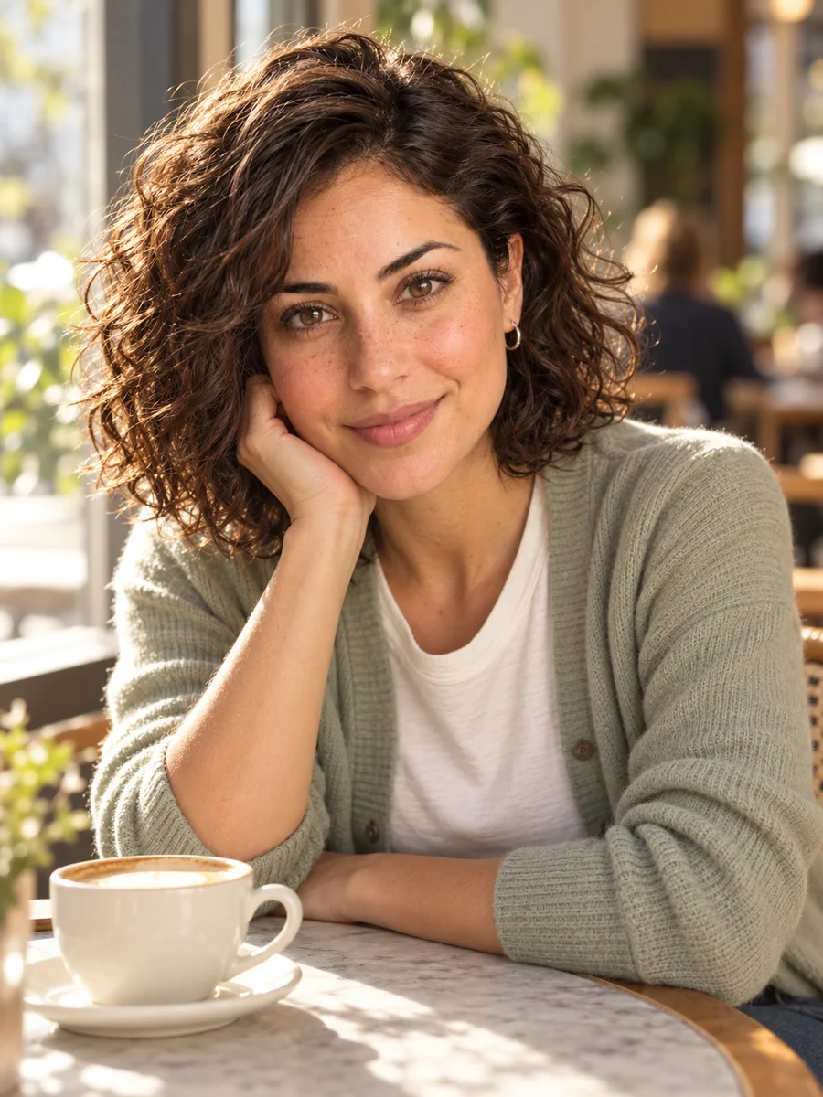 The same AI influencer in a sage cardigan at a sunlit cafe, made from the reference portrait