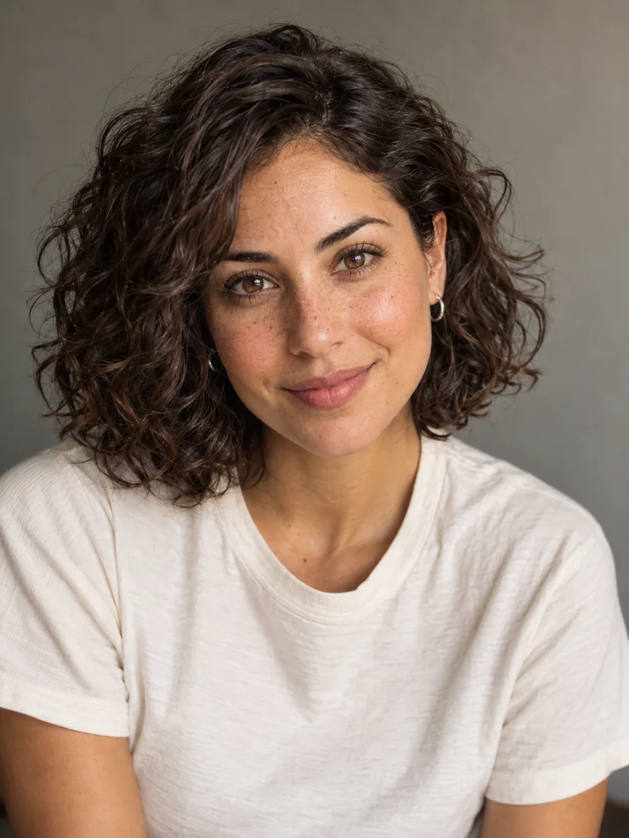 AI influencer character portrait of a fictional adult creator with a dark curly bob, freckles and an ivory t-shirt
