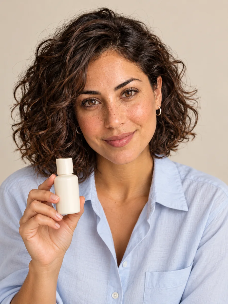 AI influencer holding a plain cosmetic bottle in a brand product concept