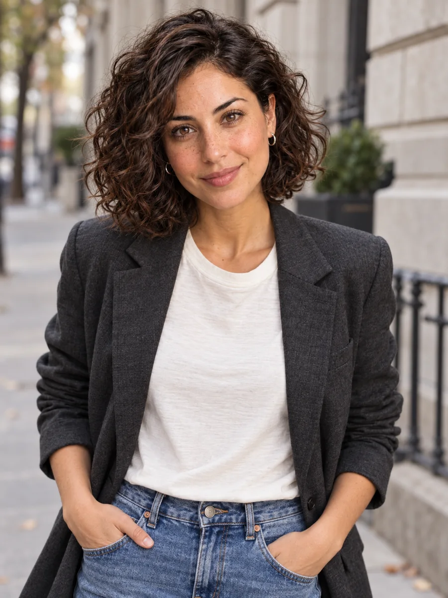 The same AI influencer in a charcoal blazer on a city sidewalk for a street-style post