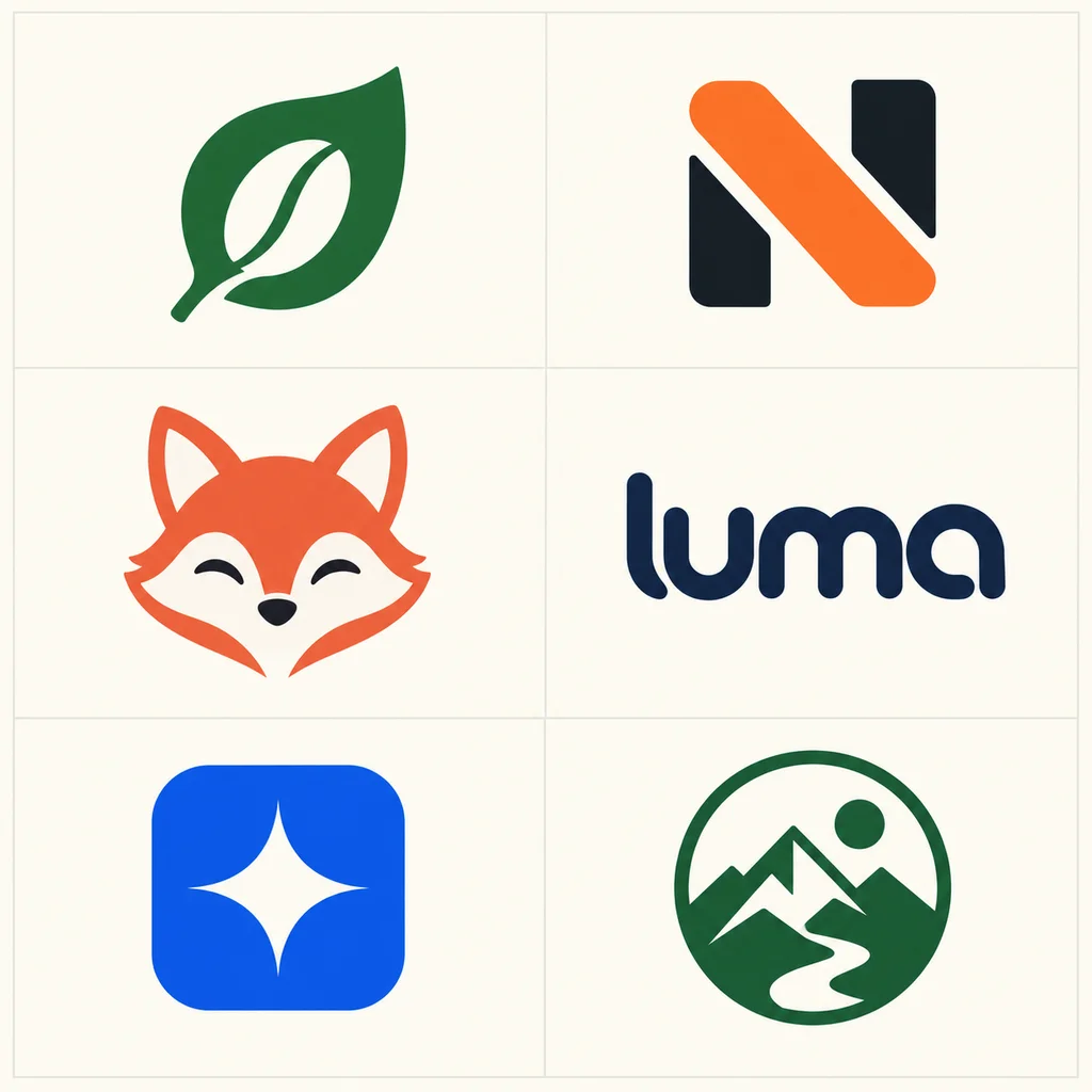 AI Logo Generator 概念表，包含綠色葉子符號、橙色 N 字母組合標誌、狐狸吉祥物、luma 文字標誌、藍色星星應用程式圖示與山脈徽章