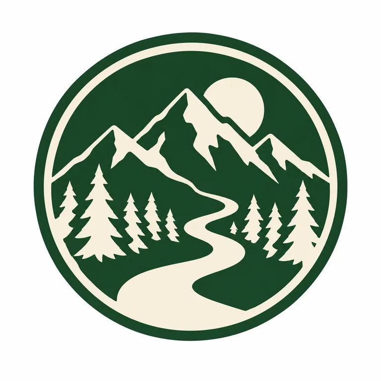 AI Logo Generator 戶外徽章，顯示綠色山脈、松樹與蜿蜒象牙色步道