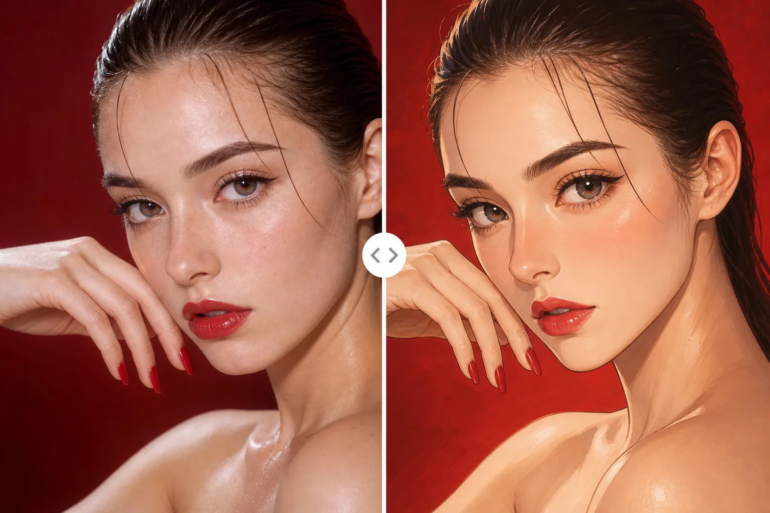 Before and after AI portrait generator preview transforming a real photo into an illustrated portrait while preserving the face