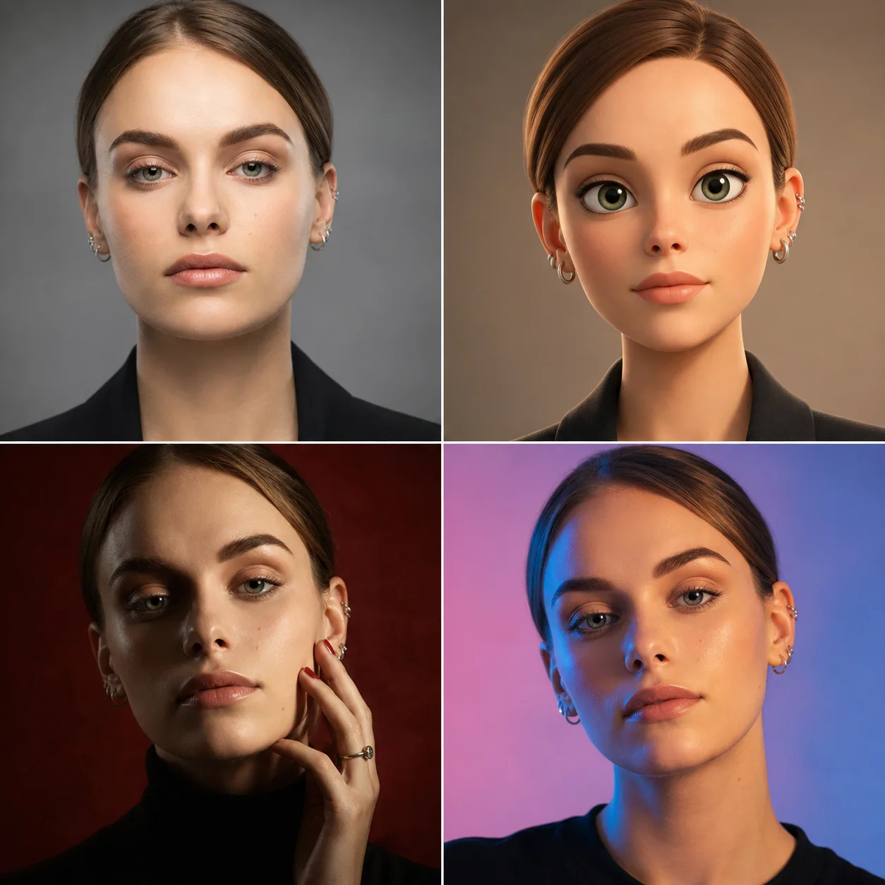 AI portrait generator showcase with professional, artistic, cartoon, and social profile portrait styles