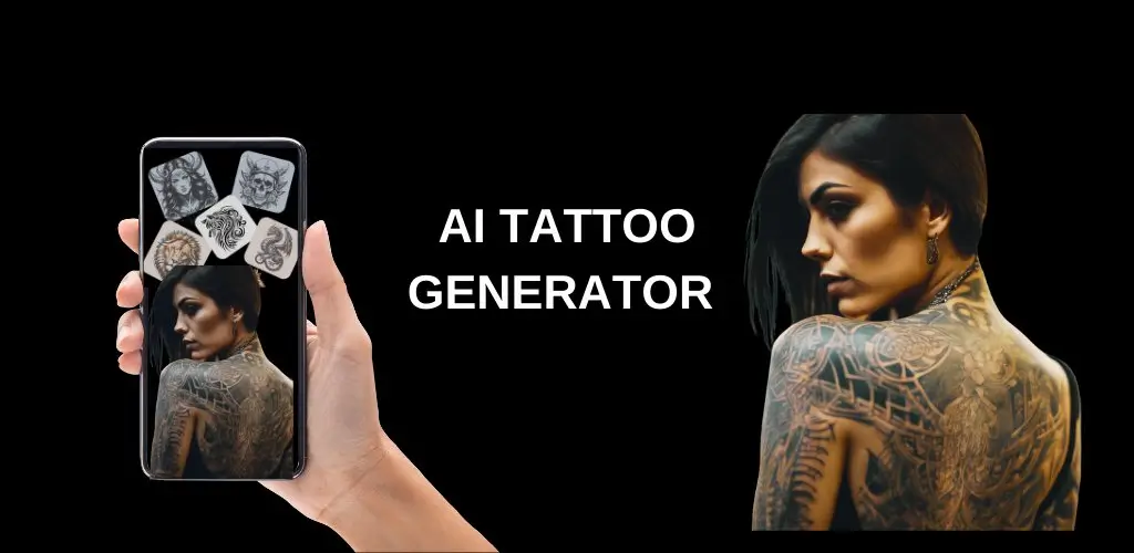 AI Tattoo Generator preview banner with tattoo concept examples and a tattooed portrait