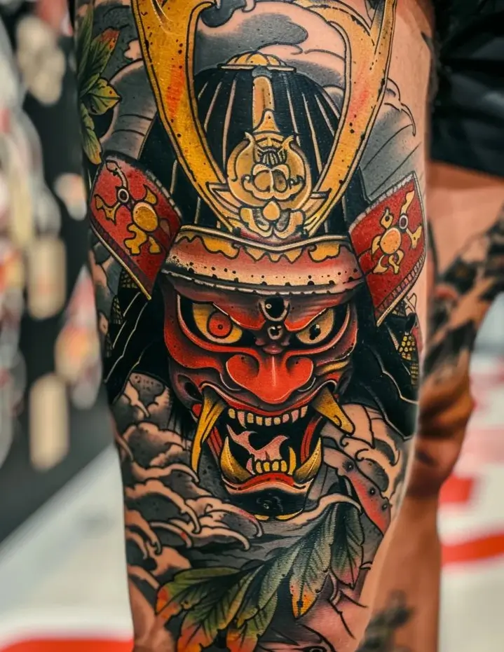 Neotraditional Japanese samurai mask tattoo concept with bold color and detailed linework