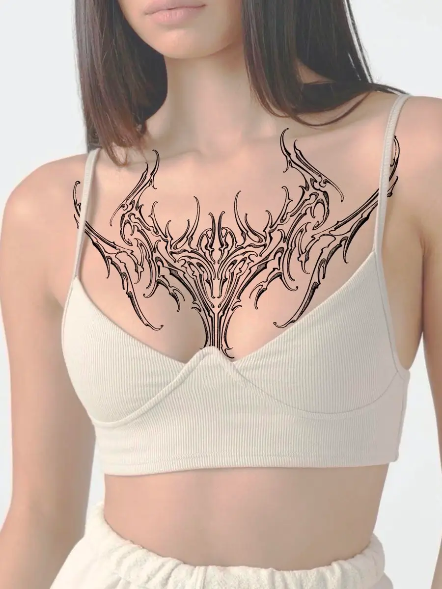 Black ornamental collarbone tattoo placement preview generated as a tattoo concept