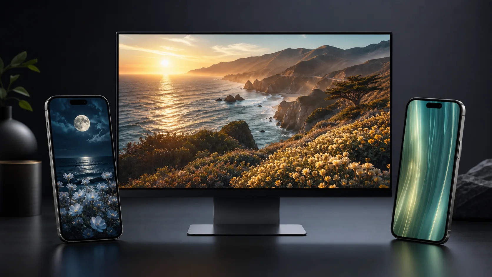 Vorschau des KI-Hintergrundbildgenerators mit Desktop- und Handy-Hintergrundbild-Mockups