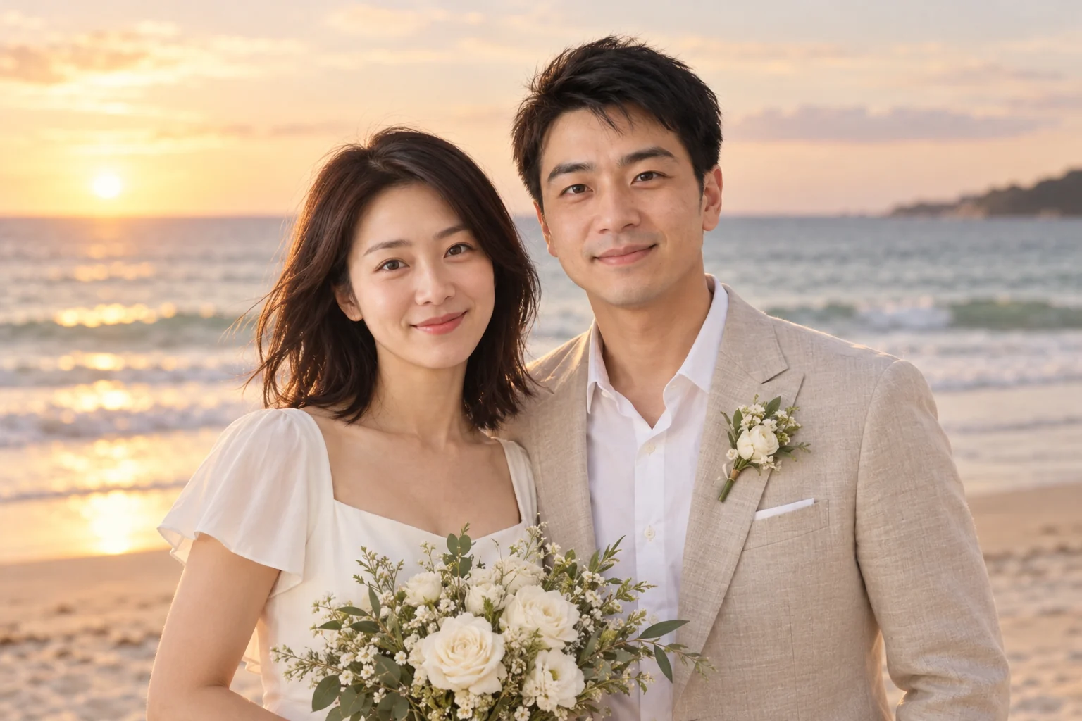 AI 婚紗照生成器海灘插圖：虛構情侶身穿象牙白禮服與米色西裝，在日落時分的海邊