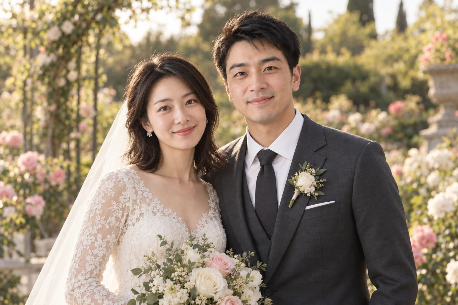 AI 婚紗照生成器插圖：虛構的參考情侶身穿蕾絲婚紗與炭灰色西裝，站在玫瑰花園中