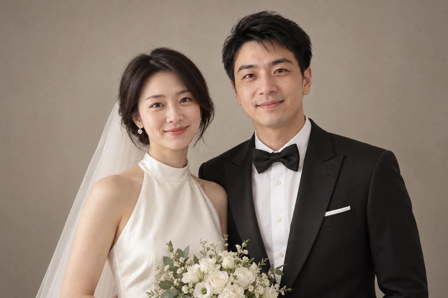 AI 婚紗照生成器攝影棚插圖：虛構情侶身穿象牙白緞面禮服與黑色燕尾服，站在暖灰色背景前