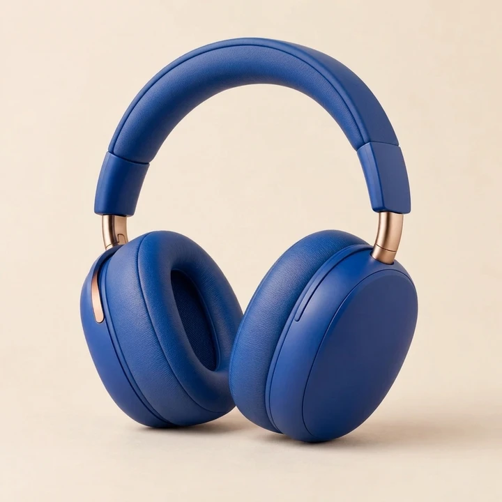 Over-ear headphones recolored rich cobalt blue against a plain studio background