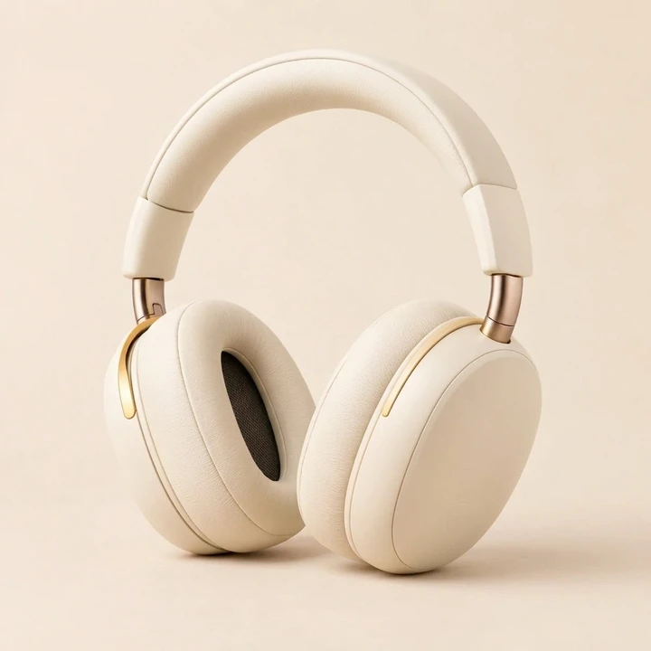 Over-ear headphones recolored warm ivory white against a plain studio background