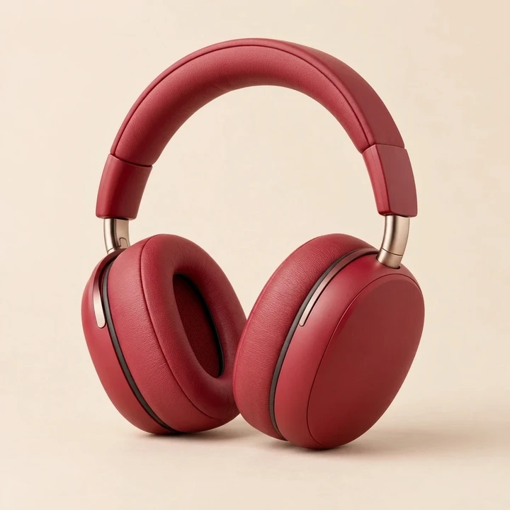 Over-ear headphones recolored rich ruby red against a plain studio background