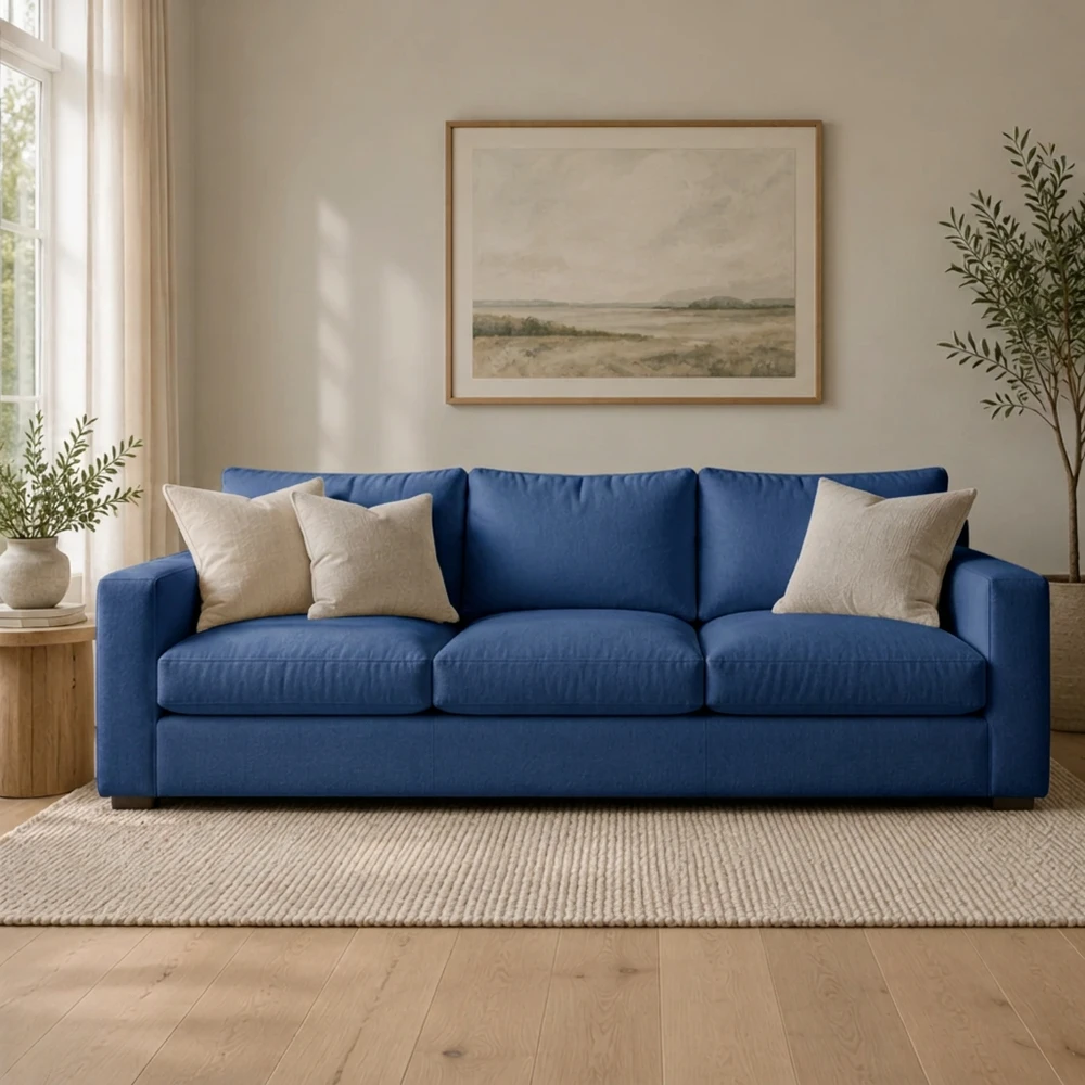 Cobalt-blue upholstery on the sofa in the edited room