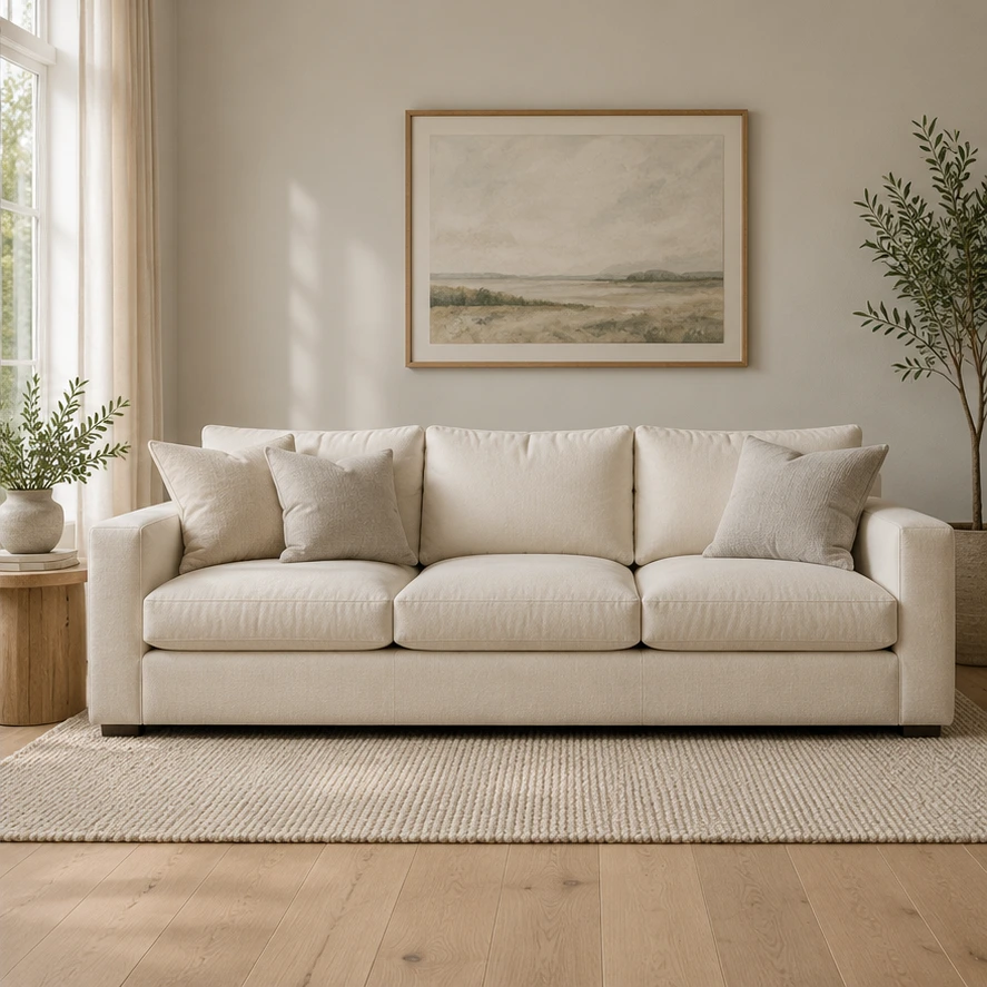 Cream upholstered sofa in a room before recoloring