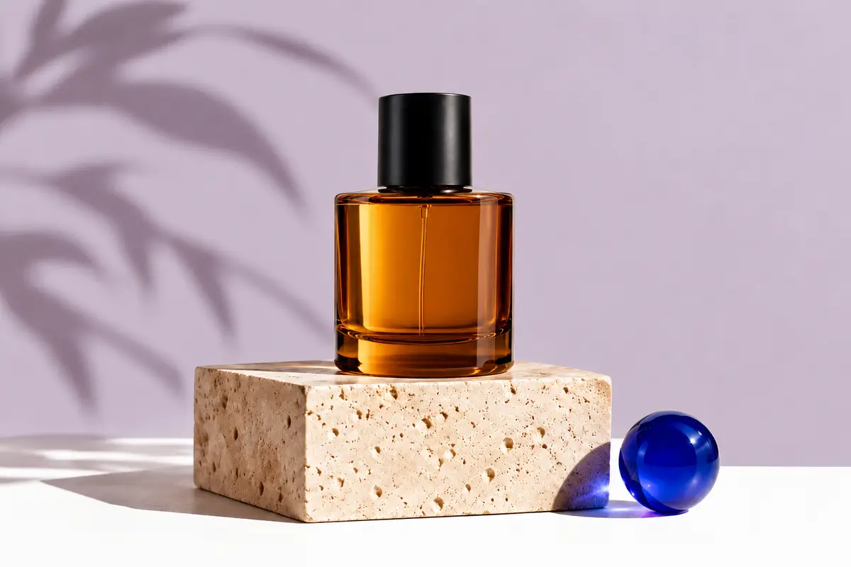 Sunburst edit of the amber perfume scene with a lilac wall and the original product arrangement