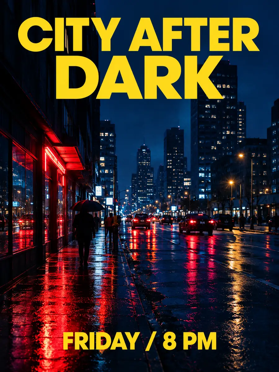 GPT Image 2.5 Flare nighttime exhibition poster with CITY AFTER DARK and FRIDAY / 8 PM text