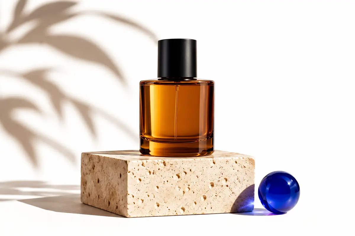 GPT Image 2.5 Flare campaign photograph of an amber perfume bottle, travertine pedestal and blue glass sphere