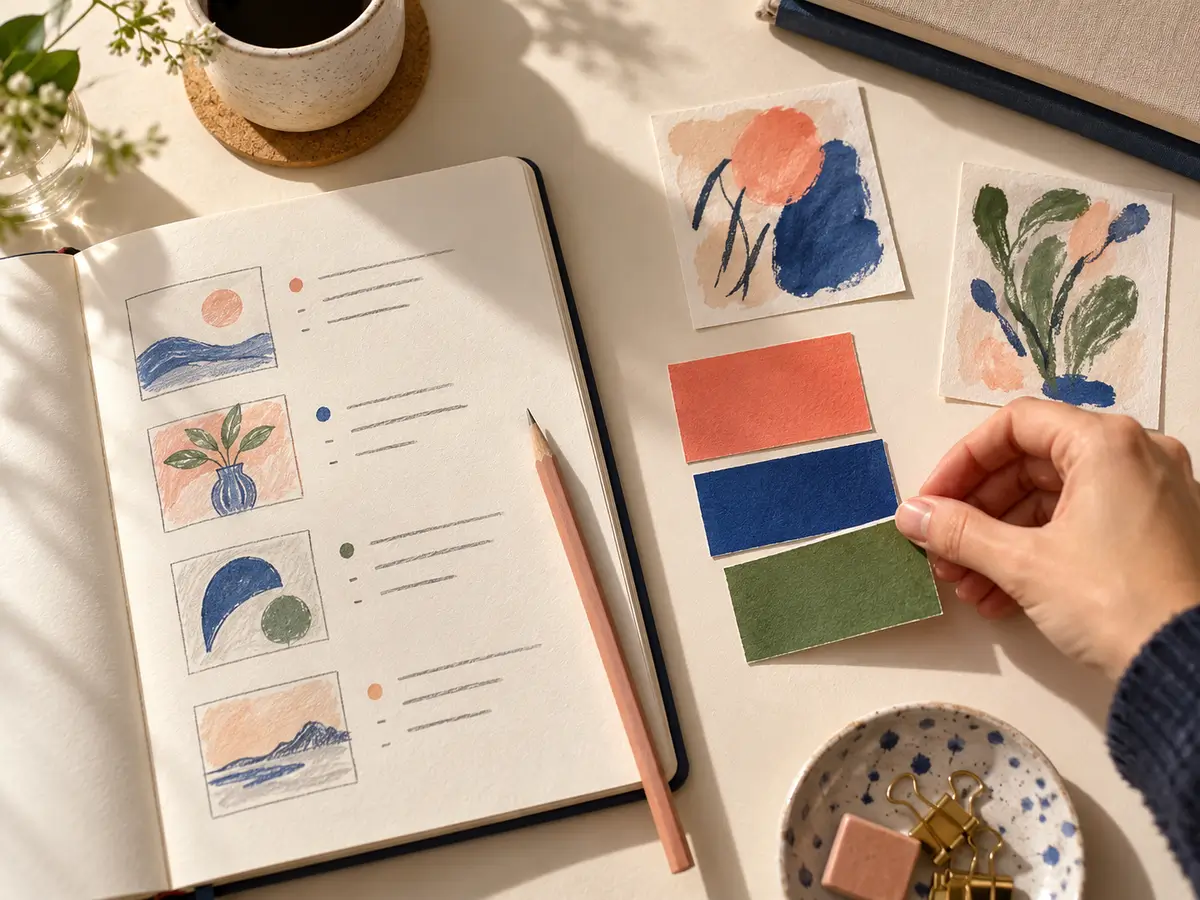 A hand arranging coral, indigo and green color swatches beside an open image-brief notebook