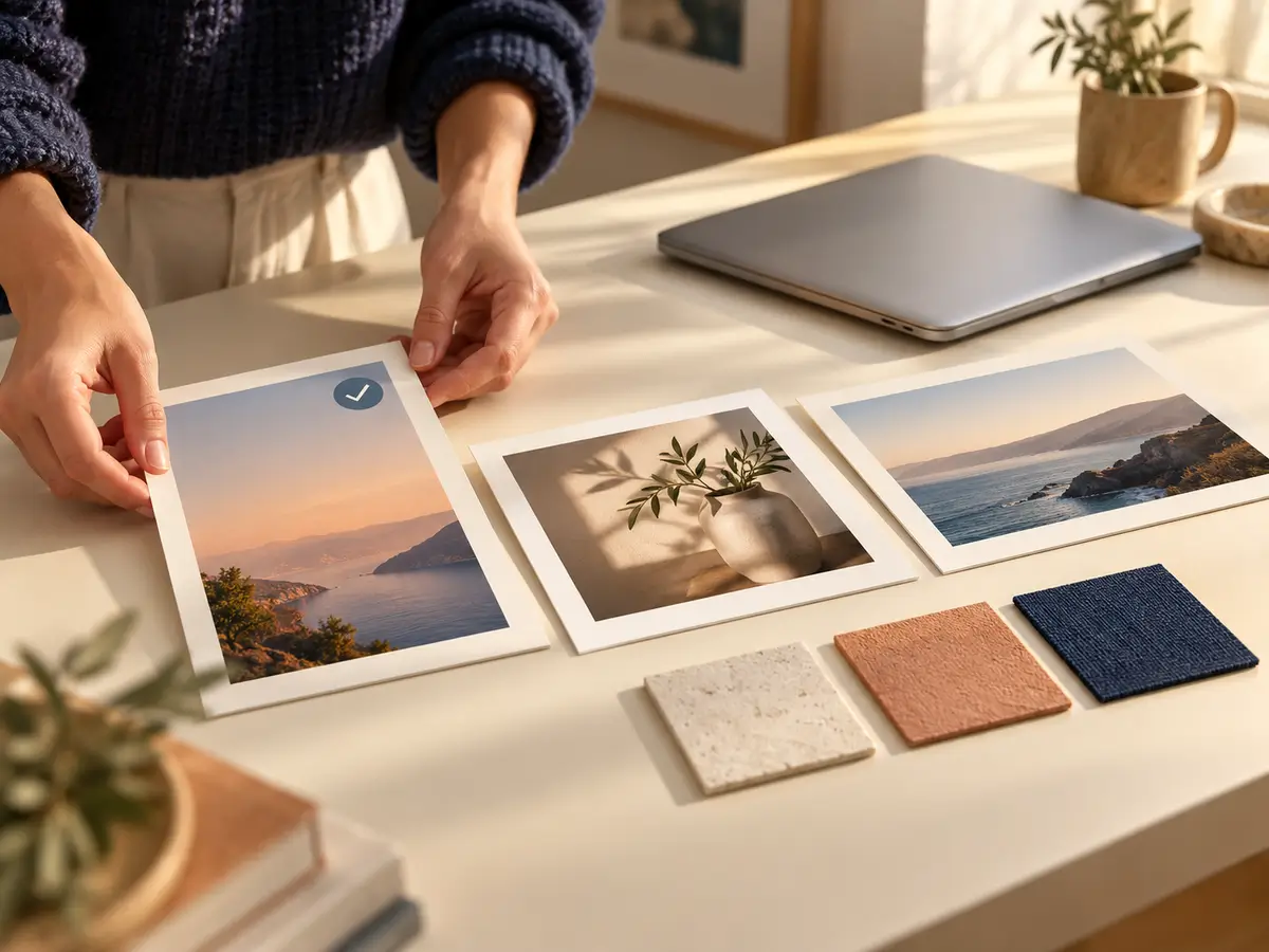A designer comparing portrait, square and landscape image frames beside a closed laptop