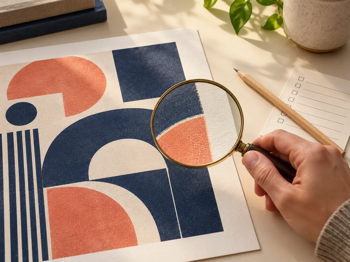A hand using a magnifying glass to inspect an indigo and coral printed artwork