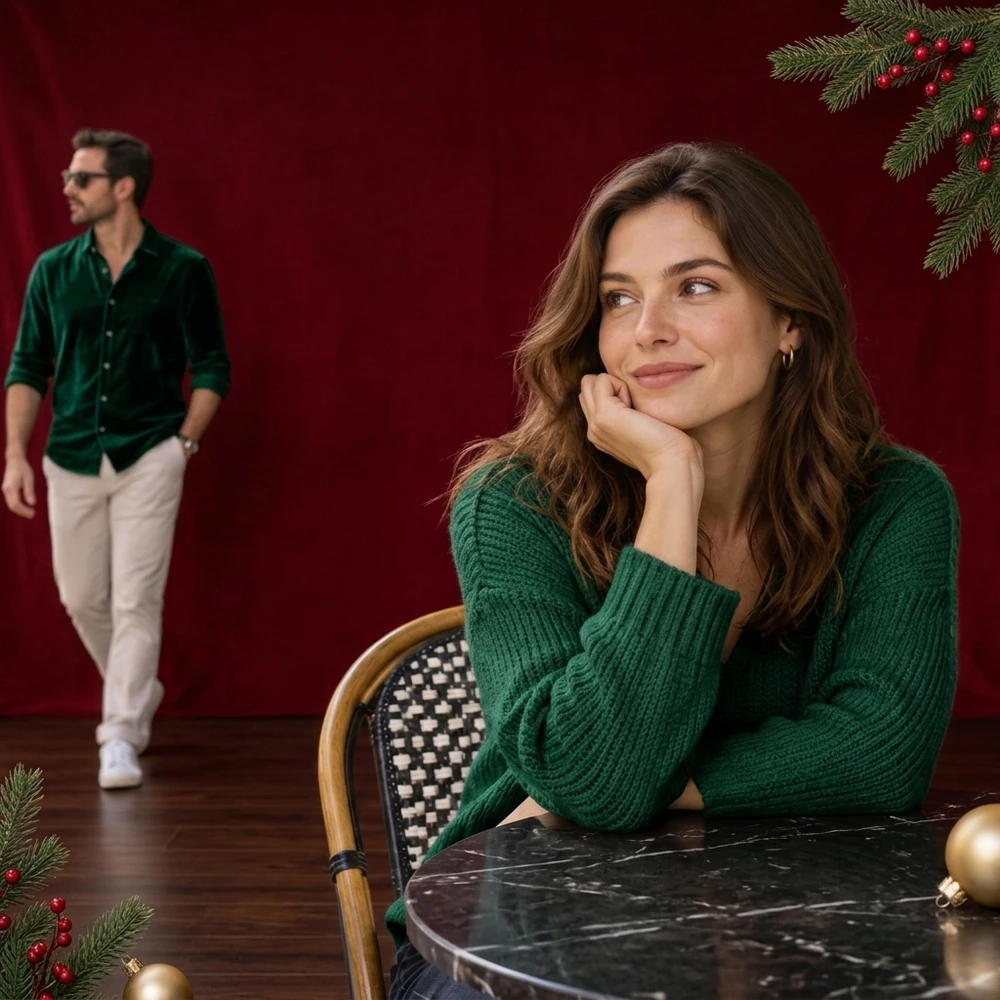 Two adults against a festive red backdrop in a AI Christmas Photo Generator studio result