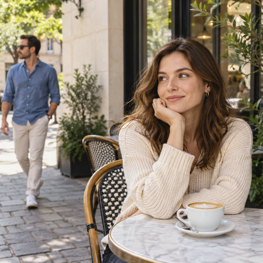 Two adults in a café before the AI Christmas Photo Generator studio example