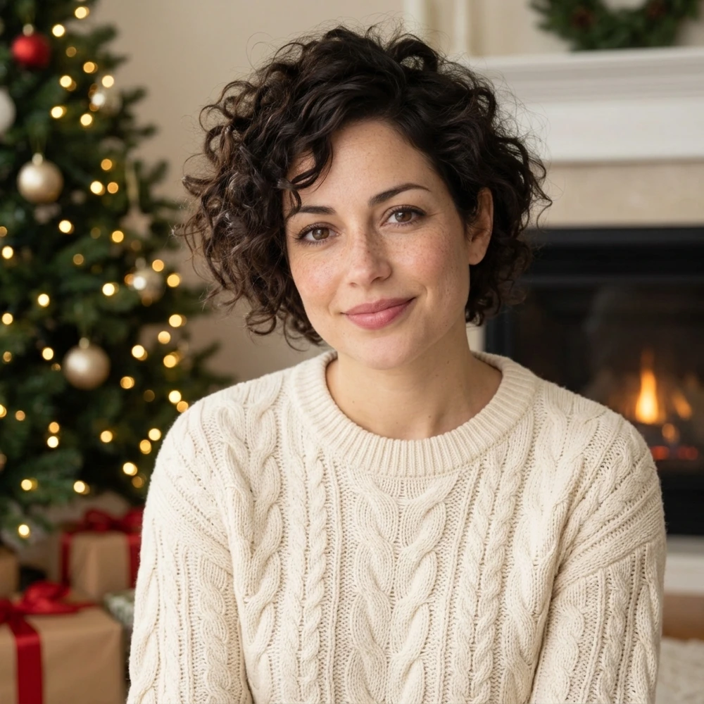Curly-haired woman beside a decorated tree after a AI Christmas Photo Generator edit