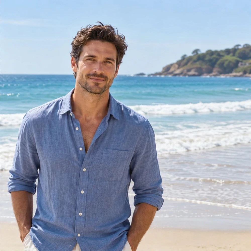 Man photographed at the beach before a AI Christmas Photo Generator transformation