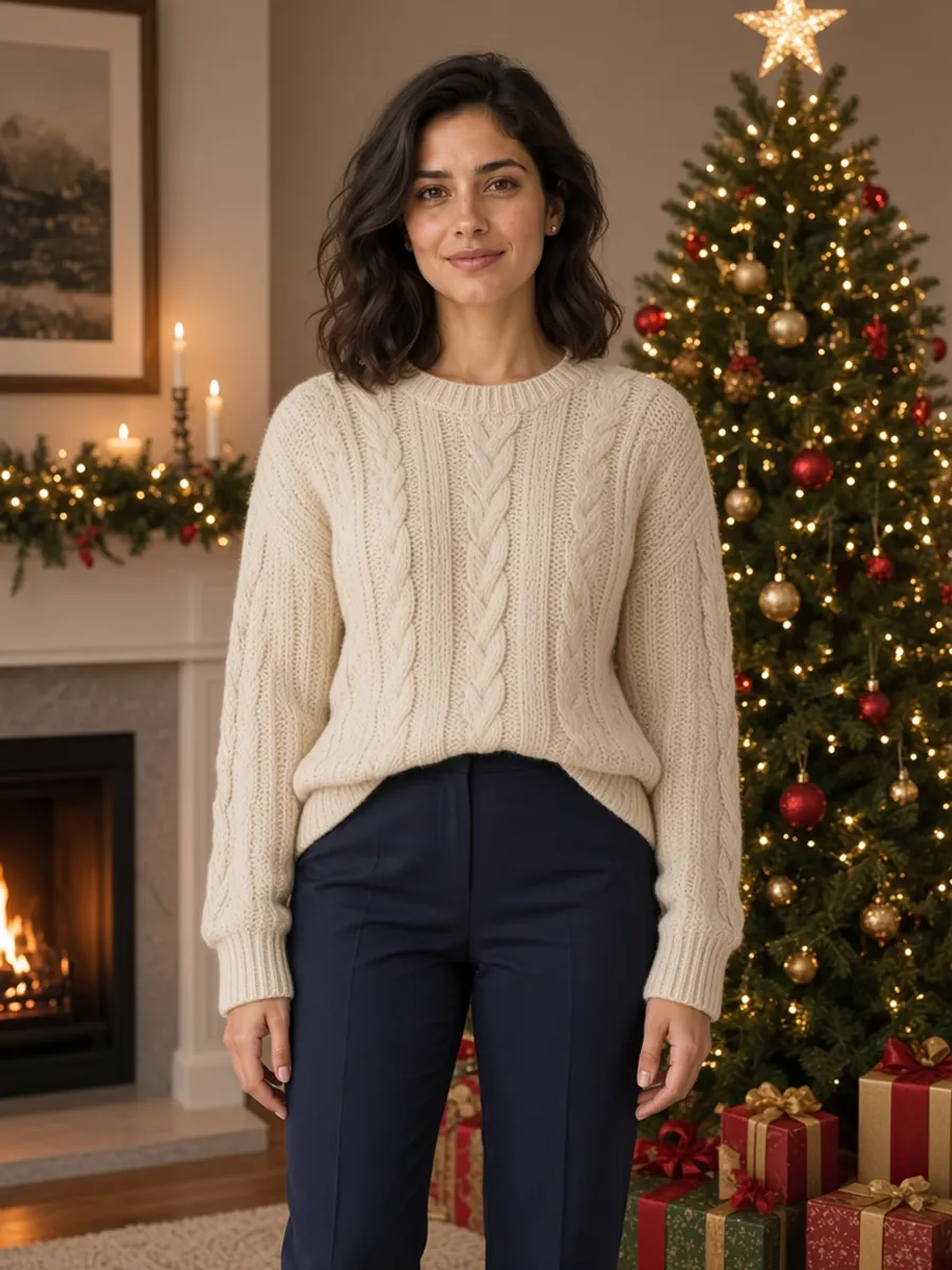 The same woman after the AI Christmas photo edit, in a cream sweater by the tree