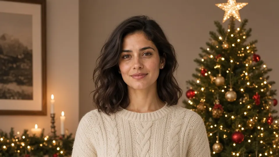 The same woman in a cream sweater beside a glowing tree, an AI Christmas photo preview