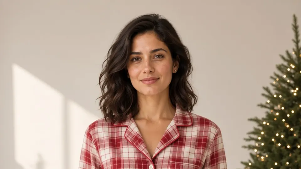 The same woman in red plaid pajamas beside a softly lit Christmas tree